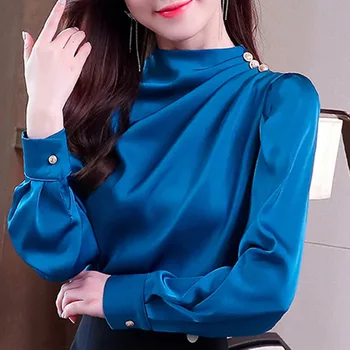 Модна блуза с дълъг ръкав Жени Blusas Mujer De Moda 2023 Стойка яка Синя бяла блуза от шифон Риза Дамски блузи Блузи G36