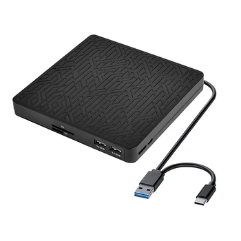 Външно DVD устройство, USB3.0/Type-C DVD CD ROM +/-RW плейър за лаптоп, оптично дисково записващо устройство с 2 USB3.0 порта, SD/TF порт