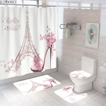 Paris Eiffel Tower Баня завеси Set Pink високи токчета душ завеса постелки за баня пиедестал килими тоалетна капак капак нехлъзгащ килим