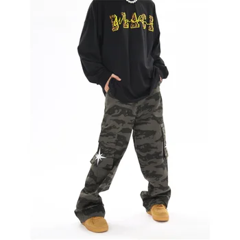 High Street Hip Hop Camouflage Cargo Pocket Trousers Mens Embroidery Casual Loose Straight-leg Pants Retro Wide Leg Pants Men