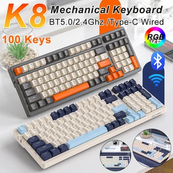 K8 безжична механична клавиатура RGB подсветка Bluetooth-съвместим тип-C кабелна клавиатура Hot Swappable УПЛЪТНЕНИЕ структура 100 клавиша