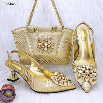 2023 Италиански стил сандал жена помпи обувки и чанта комплект лятна мода златен цвят високи токчета обувки и чанта комплект за парти рокля