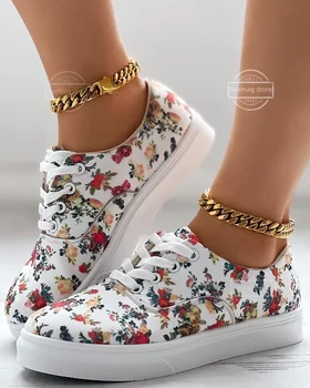 Маратонки Дамски цветен печат дантелени обувки кръг пръсти дамски плоски обувки единична обувка дантела нагоре случайни плоски маратонки