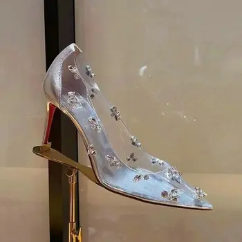 2024 PVC прозрачен остър секси жени стилето токчета сватбени обувки сребърни носорози кристал фея вятър нови помпи