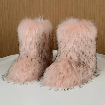Зимни пухкави ботуши Дамски космати обувки Y2K кожа сняг ботуши плюшена подплата приплъзване каучук плосък открит папийонка топли розови ботуши