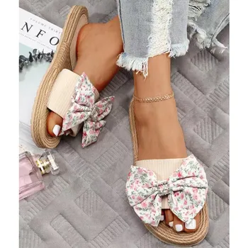 Boho стил жени чехли мода сладък цветен лък плажни сандали сламено дъно нехлъзгащи се плоски джапанки летни сладки чехли