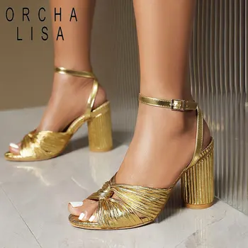 ORCHA LISA дизайн дамски сандали Peep Toe блок токчета 10 см катарама каишка случайни ежедневни женски летни обувки плюс размер 46 47 48 49 50