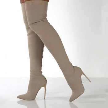 Дами зимата над коляното жени ботуши висок ток приплъзване на обувки заострени пръсти жена дълги ботуши размер