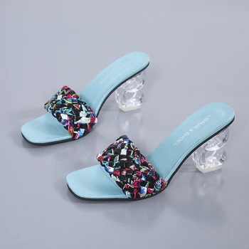 Мода странен стил петата PVC прозрачен ясно жените сандали Peep Toe лято нов дизайн чехли тъкат открит дамски обувки