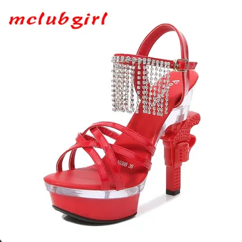 Mclubgirl Наклон ток сандали жени лято водоустойчива платформа секси сватбени обувки мода кристал висок ток сандали LFD