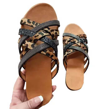 Мода римски стил дамски летен кристал леопард печат фиш на плосък плаж отворен пръсти дишащи сандали чехли обувки