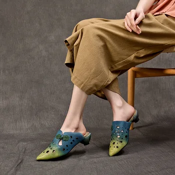 4.5cm естествена естествена кожа кухи етнически жени буци токчета дизайнер лято сандал чехли странно елегантност модни обувки