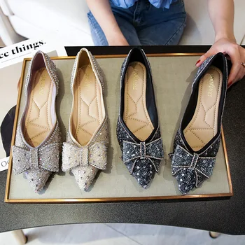 Приплъзване на единични обувки Летен апартамент 2023 Нова пеперуда възел кристал плитка уста плюс размер дамски обувки 41-43 Sapatos Femininos
