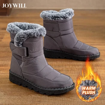 JOYWILL Дамски памучни обувки Зимни ботуши за сняг Кожена яка Водоустойчиви дамски ботуши Високи Топ неплъзгащи се топли памучни обувки за жени