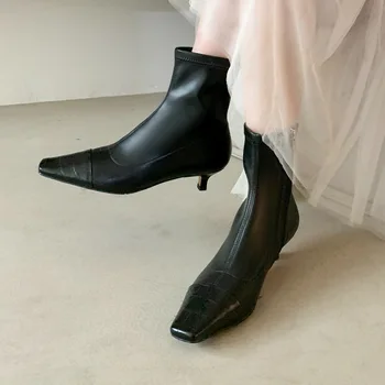 естествена кожа нов тънък нисък ток заострени пръсти страна цип дамски обувки участък ботуши Saltos Alto Femininos