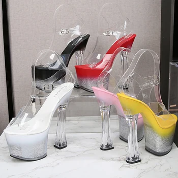 Моден модел Pole Dancing Catwalk Show Дамски сандали на висок ток голям размер 34-43 Секси кристални прозрачни сандали