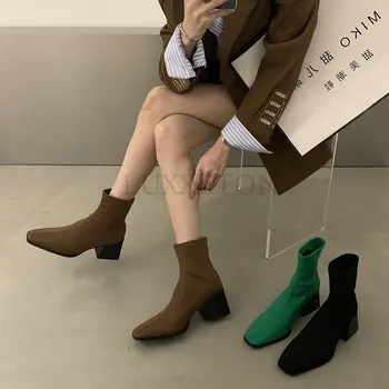 Зимни дамски ботуши с ниска тръба кафяв заострен пръст велур западен каубой стил мода пънк обувки кафяв цвят жени високи токчета