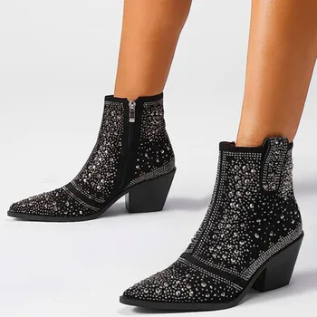 каубойка жени западни ботуши 2023 нови кристали мода bling жени Боти до глезена каубойски дамски ботуши обувки ходене удобно