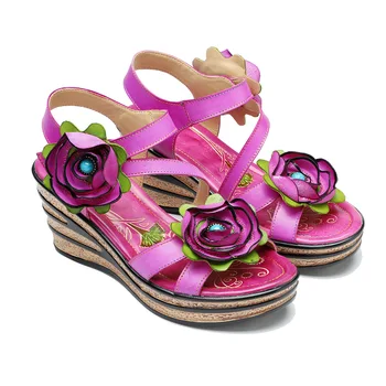 YourSeason 2023 Нови жени ретро цвете удобни клинове обувки естествена кожа ръчно изработени етнически стил дамски сандали лято