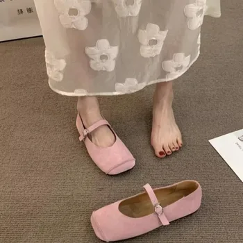 Дамски единични обувки 2023 Лято реколта квадратни пръсти жените случайни плоски обувки мека кожа рокля офис дами Мери Джейн обувки