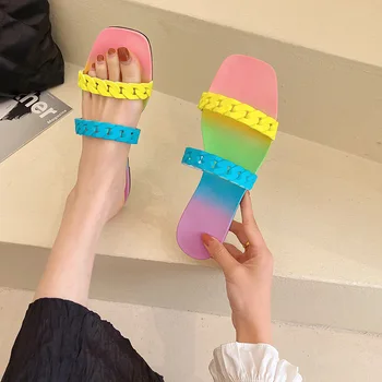 дъга цветни вериги лента чехли жени пързалки летни обувки женски бонбони розови джапанки смесен цвят дамски обувки на открито