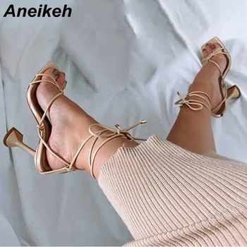 Aneikeh 2024 Летни римски жени сандали тясна лента квадратни пръсти високи токчета кръст каишка сандали V форма дизайн обувки шип токчета