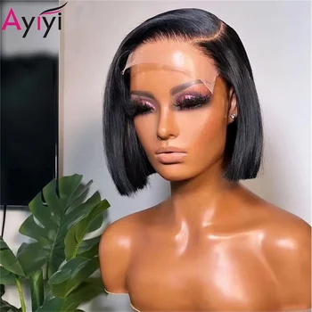 Glueless Bone Straight Human Hair Wigs Bob 13x4 Lace Frontal Wigs HD Transparent 6x5 Closure Wigs Pre Plucked Ready to Wear