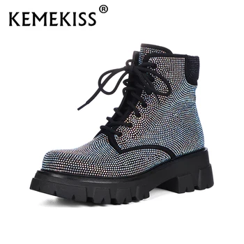KemeKiss Голям размер 36-43 Дамски модни платформи Бойни боти Rhinestone Lug Sole Ankle Boots Блестящи парти обувки 2023 Дизайнер