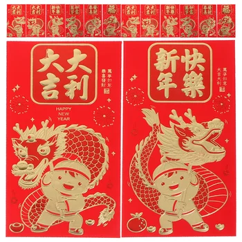 Китайска Нова година Червени пликове 60Pcs сладък дракон червен плик 2024 лунна Нова година пликове Хонг Бао червен джоб късметлийски пари