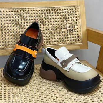 Ретро Дамски мокасини Пролет Нов квадратен пръст кожени обувки случайни платформа женски обувки мода черно приплъзване на Оксфордс Сапатос
