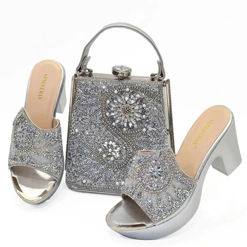 2023 Модни и зрели дамски обувки и чанта комплект в сребрист цвят кръгли пръсти гореща продажба сандали за парти