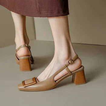 2023 Най-високо качество естествена кожа жени помпи реколта възрастни офис дами квадратни пръсти висок ток прашки сандали обувки жена
