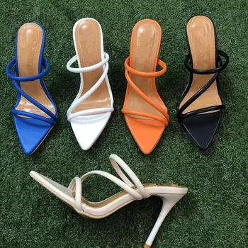 Плюс размер 42 43 Дамски сандали твърди тънки високи токчета PU летни слайдове за жени парти обувки заострени пръсти секси клуб токчета обувки