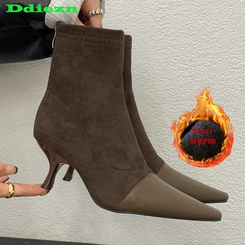 Тънки токчета Дамски боти до глезена Stretch Мода Обувки с цип 2023 Козина Зимни топли обувки Заострени пръсти Къси женски модерни обувки