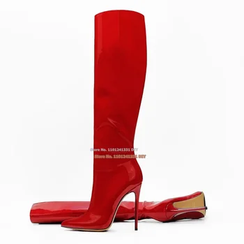 червен ярък лъскава лачена кожа заострени пръсти коляното високи ботуши жени ръчно изработени стилет токчета дълги бота висок ток обувки
