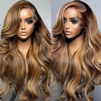 Highlight Ombre Body Wave Lace Front Wig 4/27 Цвят Прозрачна дантела Перуки за човешка коса за жени Пълна дантела Фронтална перука PrePlucked