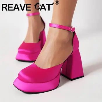 REAVE CAT марка жени помпи квадратни пръсти странни токчета 10,5 см платформа 3 см катарама каишка сатен секси парти обувки плюс размер 41 42 43