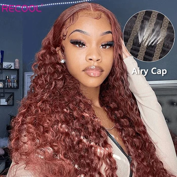 Recool Glueless Deep Wave Lace Front Wig Reddish Brown Colored Human Hair Wig Breathable Airy Cap Pre Cut HD Lace Frontal Wig
