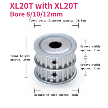 1pcs XL20T Диаметър на ролката 8/10/12mm Двойна странична предавка 20T-20T 1: 1 Синхронни колела 3D принтер за ширина на колана 10mm