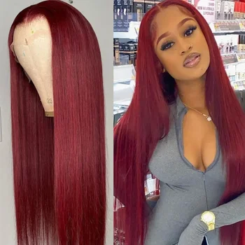 30inch бразилски 99J бордо кост прав 13x4 прозрачен дантела отпред човешка коса перука 180% червен цвят перуки човешка коса за жени