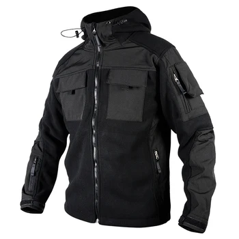 Тактическо руно яке за мъже Военен камуфлаж на открито мулти джобове качулка есен топло черно яке Softshell палто