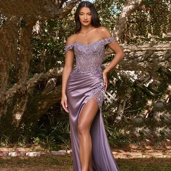 Елегантни сатенени русалка абитуриентски рокли секси високо сплит лилаво от рамото скъпа парти рокля плисета дантела апликация абитуриентска рокля