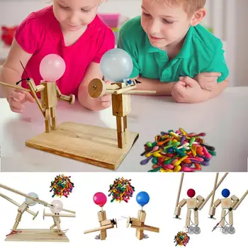 Fun Balloon Wood Man Battle Handmade Wooden Fencing Puppets Wooden Bots Battle Game Whack A Balloon Party Home Decoration