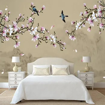Магнолия ръчно рисувани цветя и птици пейзаж персонализирани 3D тапети стена стикери хол, спалня