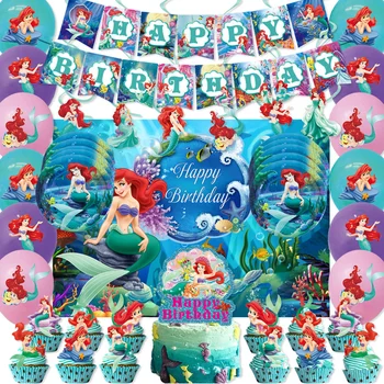 Малката русалка Ариел Декорации за рожден ден Плоча чаша покривка парти прибори за хранене комплект балон за момичета бебешки душ консумативи