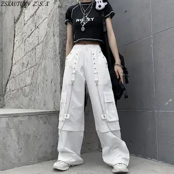 Бели карго панталони жени широк крак панталони нови корейски класически реколта висока талия торбест прав Pantalon тенденция мода улично облекло