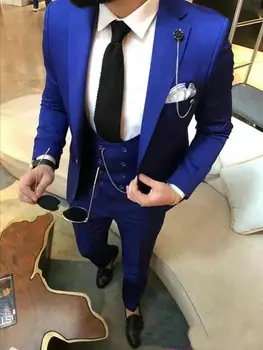 JELTONEWIN (Blazer + панталони + жилетка) Ежедневни мъже Официален бизнес костюм Тънък кралско синьо сватба младоженец носят мъжки костюм джентълмени костюм