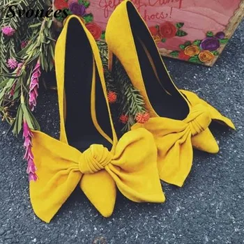 10cm мода жени тънки обувки на висок ток ярко жълто заострени пръсти голям папийонка възел жени помпи Zapato де Tacon Alto парти обувки