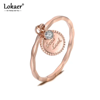 Lokaer Модерен пръстен от неръждаема стомана Розово злато Цвят AAA CZ Циркон синусоидална форма пръстен виси монета 
