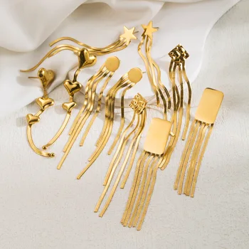 темперамент елегантен геометричен пискюл капка обеци за жени нов златен цвят неръждаема стомана дълги обеци модни бижута подарък